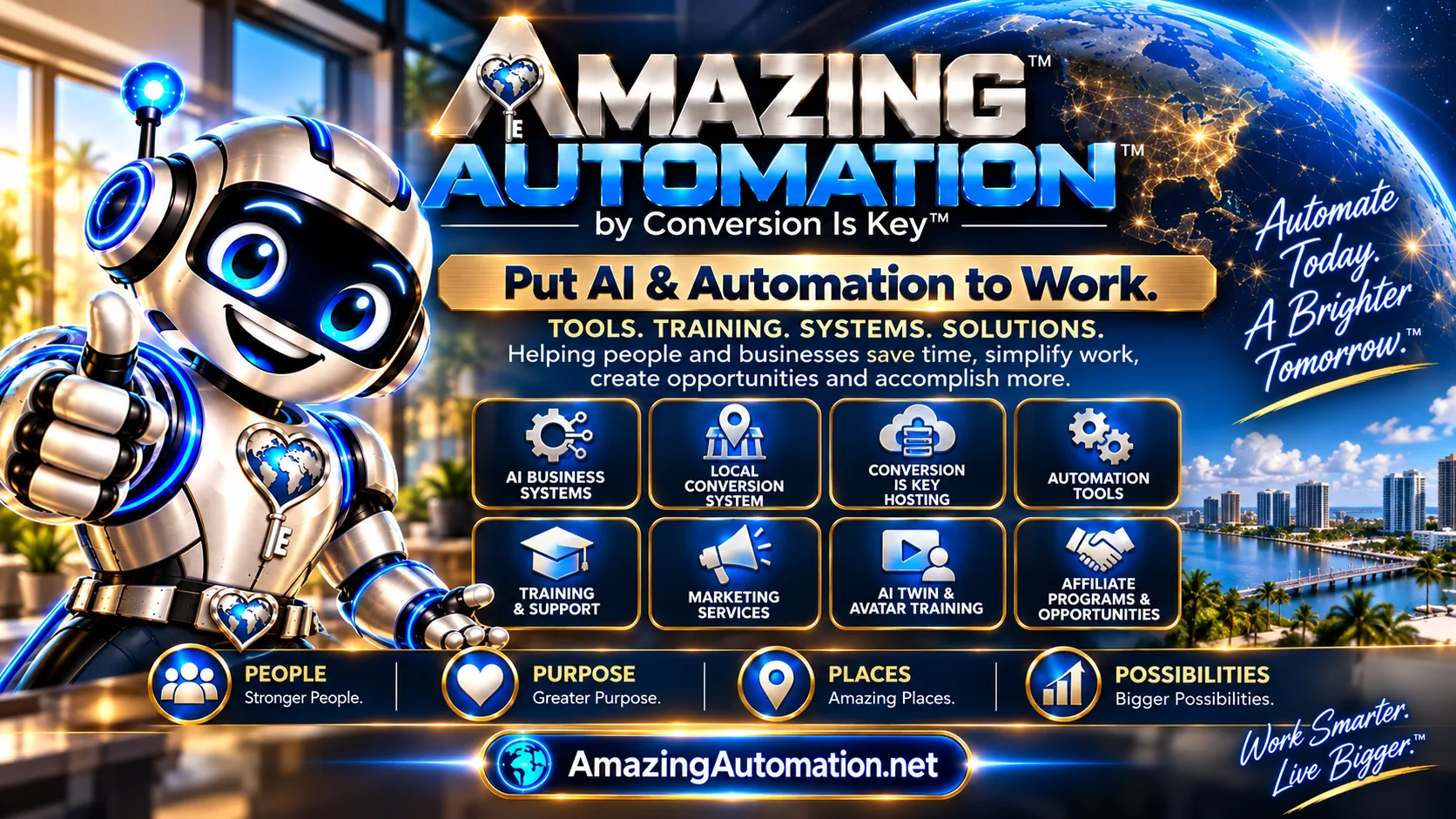 Amazing Automation by Conversion Is Key: A.C.E., a friendly brushed-stainless robot, gives a thumbs up beside a glowing globe and waterfront city, with the eight solution areas and the People, Purpose, Places, Possibilities theme.
