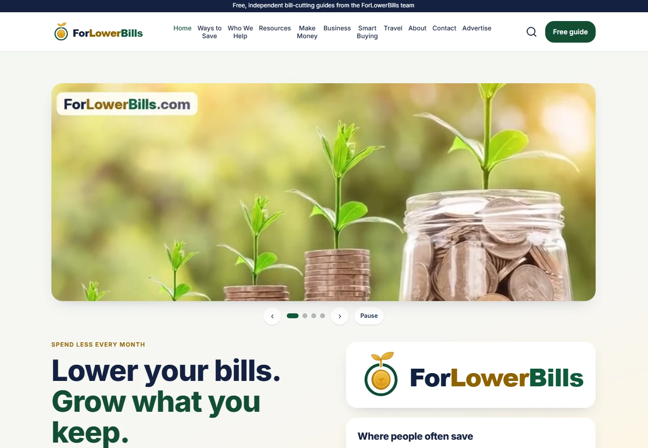 ForLowerBills website showing its logo, top navigation menu, savings hero, topic links and coin-stack imagery